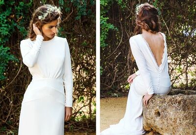 Simple Sheath Wedding Dresses Crew Neck Long Sleeve Covered Button Bridal Gowns,1108