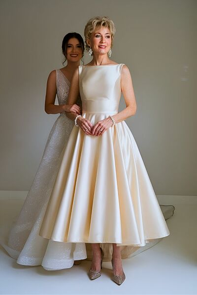 Light Pink A Line Tea-length Satin Mother of the Bride/Groom Jumpsuit