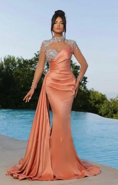 Orange Elegant Mermaid Evening Sheer Beads Appliques High Neck Satin Pleats Ruffles Formal Prom Dresses With Long Sleeves