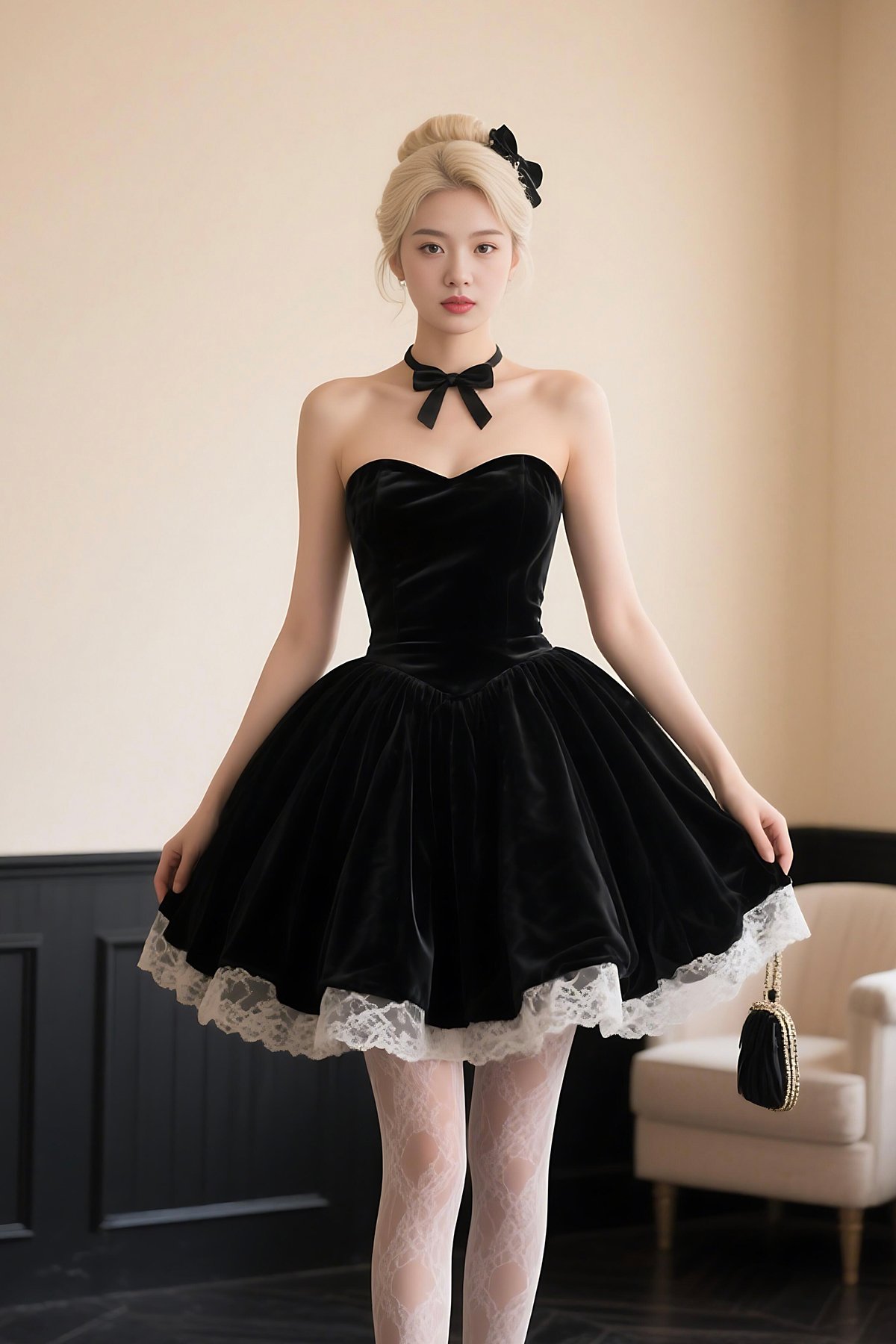 Black Velvet Lace Short A-Line Prom Party Dress