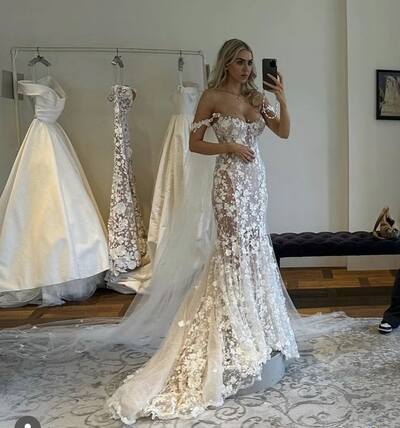 Mermaid Lace Wedding Dress, Appliques Tulle Bridal Dress Wedding Gown