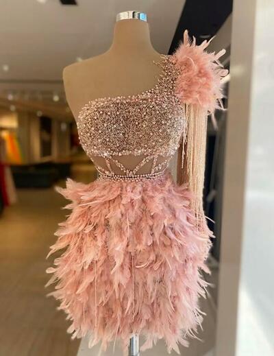 Elegant One Shoulder Pink Tail Prom Dresses With Feathers Beading Sequined Short Evening Gowns Luxurious Homecoming Dress