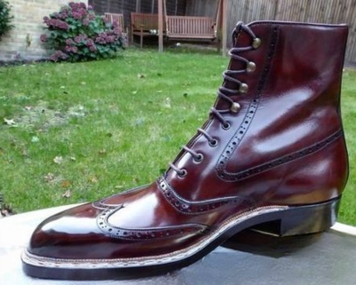 Handmade Men Burgundy Leather Ankle High Lace up Wingtip Balmoral Dress Boot