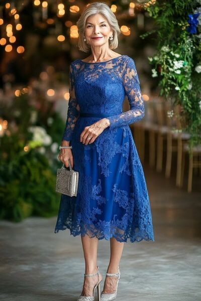 Simple Royal Blue A Line Lace Tea-length Mother of the Bride/Groom Dress EVening Formal Dress
