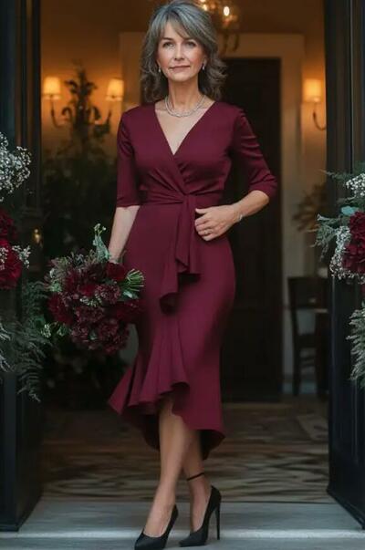 Wine Red Burgundy Sheath Tea-length Satin Mother of the Bride/Groom Dress Evening Formal Dress