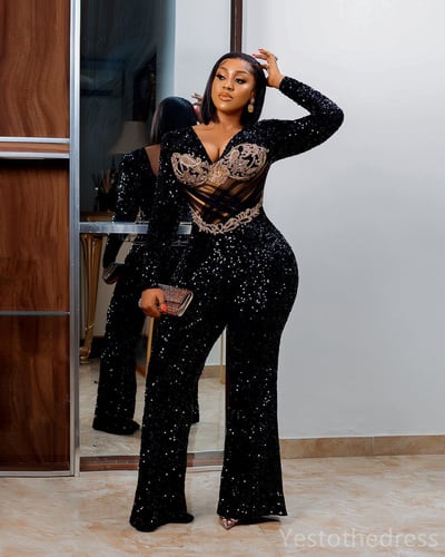 Plus Size Black Jumpsuits Prom Jumpsuits for Special Occasions Evening Jumpsuit Elegant Long Sleeves Sequined Lace Birthday Party Jumpsuit