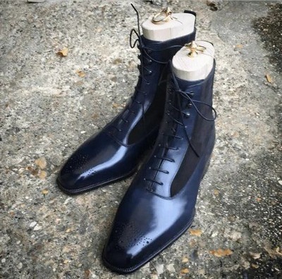 Handmade Men Blue Leather Ankle High Lace up Dress Boot
