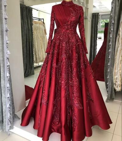 Burgundy Luxurious Muslim Prom Dresses Lace Beaded Evening Formal Party Second Reception Gowns Dress