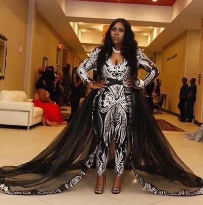 Black Jumpsuit Prom Dresses with Detachable Train Sliver Sequined Pantsuits Party Gowns Sweep Train Plus Size Evening Dress