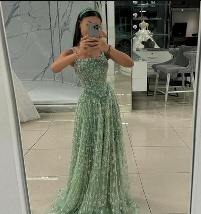 Elegant Sage Green Luxury Arabic Evening Prom Dress for Women Party Spaghetti Straps 2025 New Customized Vestido De Noite