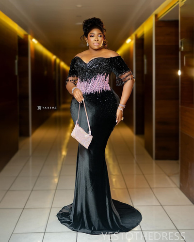 Prom Dresses for Black Women Evening Formal Gowns Off Shoulder Promdress Beaded Lace Beading Tassel Pearls Decorated