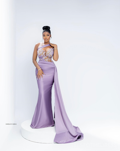 Lavender Evening Dresses Elegant Sheer Neck One Shoulder Illusion Prom Dresses Mermaid Appliqued Beaded Lace Birthday Dress Dinner Gowns