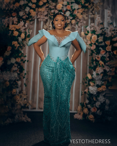 Sky Blue Prom Dress Evening Dresses Elegant Illusion Long Sleeves Sheer Neck Beaded Crystals Lace Mermaid Birthday Dress