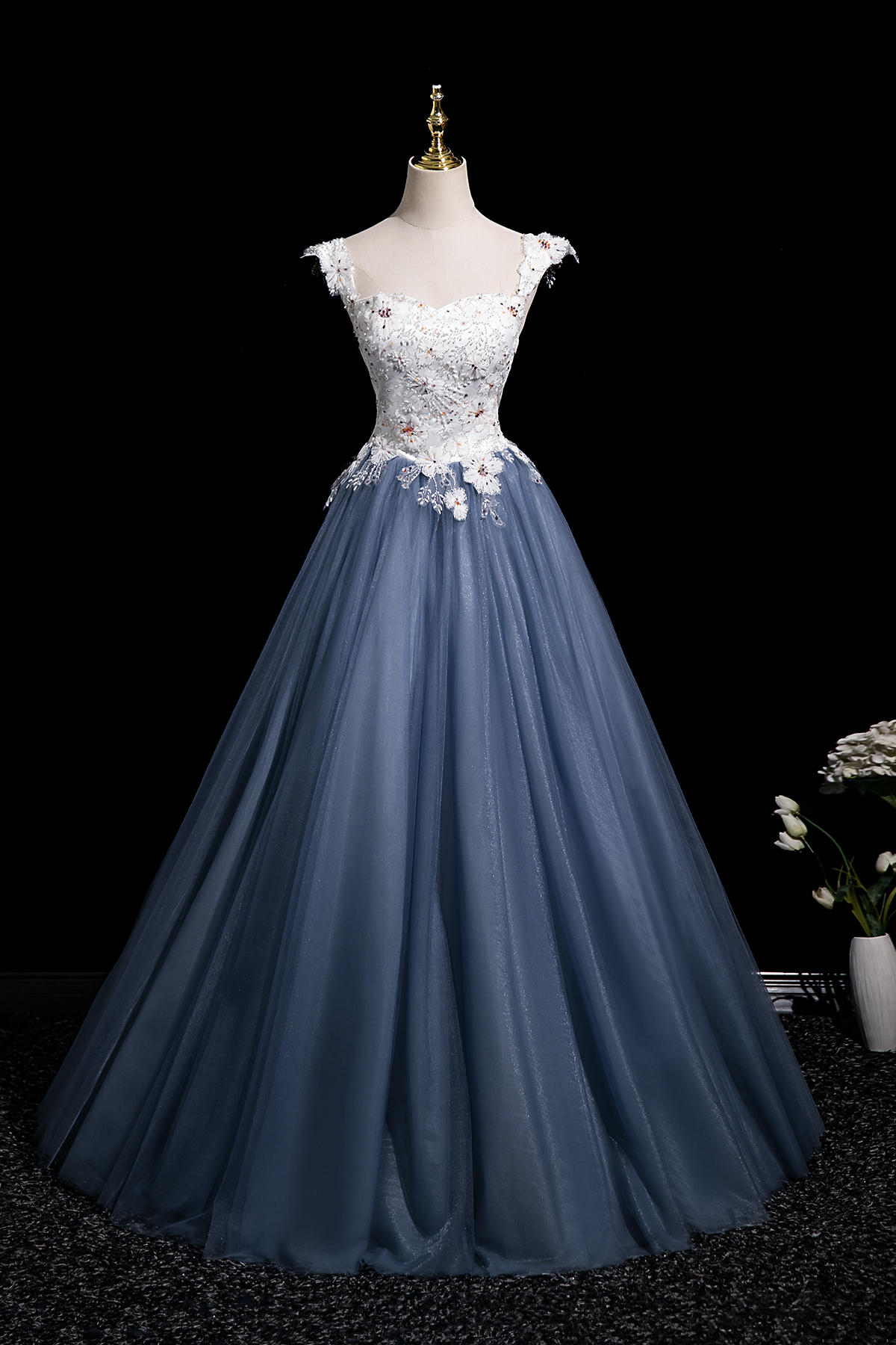 White Flowers and Blue Tulle Long Prom Dress, A-Line Off the Shoulder Party Dress