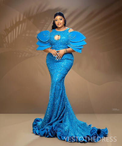 Blue Prom Dress For Special Occasions Evening Dresses Formal Gowns Mermaid Sheer Neck Flora Beaded Sequined Lace Birthday Dress