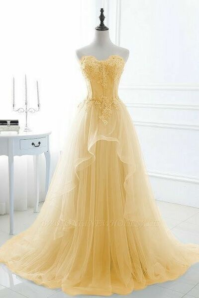 Yellow Prom Dress with Lace Appliques,Cheap Long Sweet Dress,1111