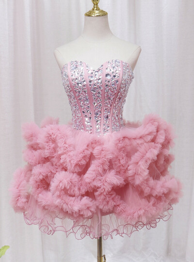 Pink Tulle Sweetheart Crystal Homecoming Dress,1114