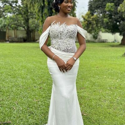 Simple african girl wedding dress, off the shoulder beading wedding gown bridal dress - Thumbnail 1