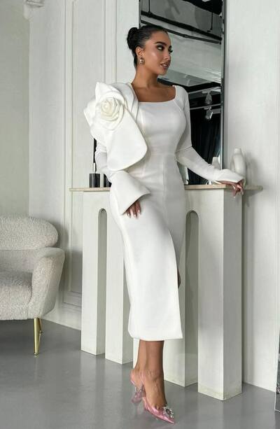 Simple African Girl Wedding Dress, Long Sleeve Tea-length Wedding Dress Bridal Gown