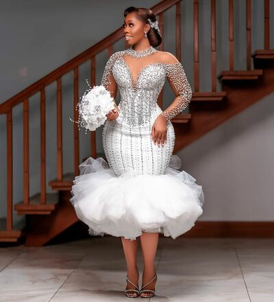 Simple African Girl Wedding Dress, Tea-length Beading Wedding Gown Bridal Dress