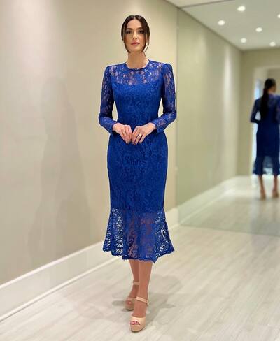 Elegant Royal blue lace Mother Of The Bride Dresses jewel long sleeves Wedding Guest Dress tea length mermaid Evening Gowns