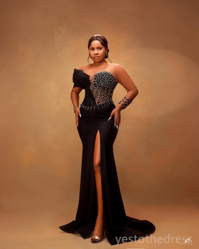 Prom Dresses Mermaid for Black Women Long Sleeves Elegant Evening Dress Illusion Beaded Side Split Birthday Party Dress