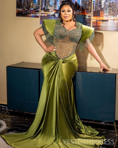 Olive Plus Size Prom Dresses for Special Occasions Promdress Illusion Velvet Beaded Tassel Beading Birthday Dress Second Reception Engagement