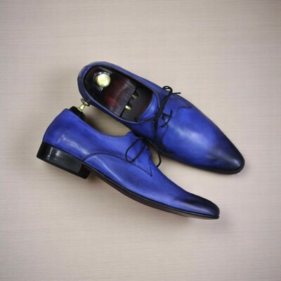 Handmade Blue Pointed Toe Shoes, Full Grain Leather Shoes
