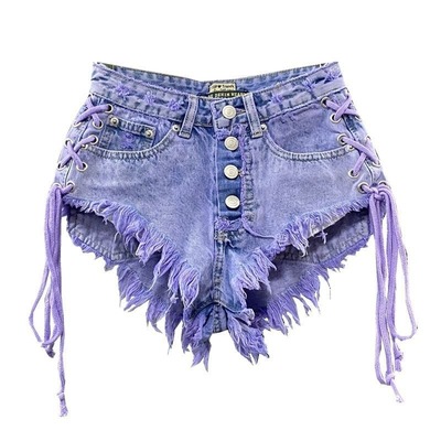 Purple tassel lace-up denim shorts