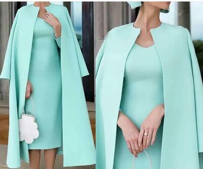 Mother's Dresses Custom Mother Of The Bride Plus Size New Formal Straight Satin With Jacket Two Pieces O-Neck Long Sleeve Tea-Length