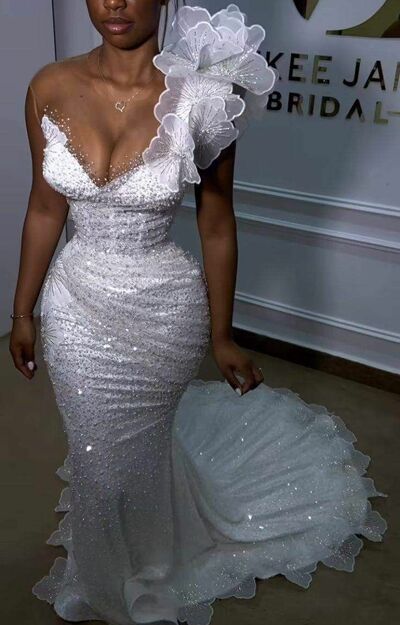 White Prom Dresses for African Women Sequins Lace Handmade Flowers Birthday Party Dress