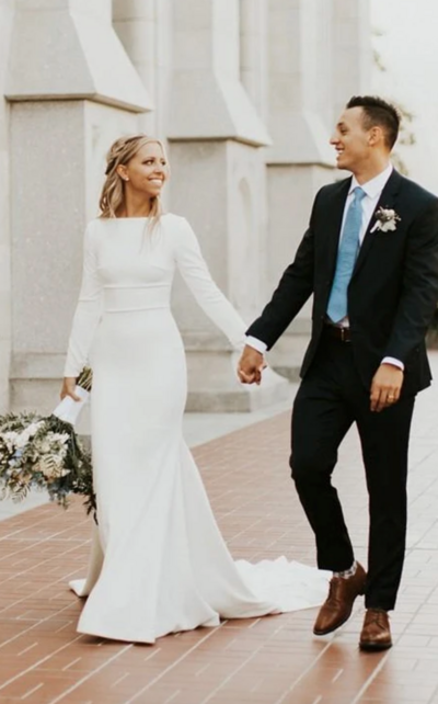 Modest Long Sleeve White Wedding Dress | Simple Formal Temple Lds Bridal Gown,1120