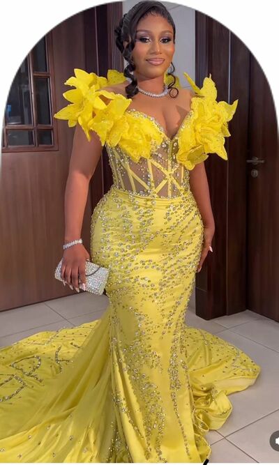 Yellow Sheath Prom Dresses for African Women Off the Shoulder Beading Crystals Birthday Party Dress Evening Formal Gowns