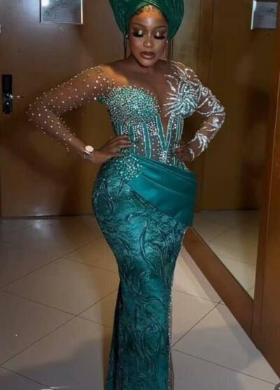 Green Sheath Prom Dresses for African Women Lace Beading Crystas Birthday Party Dress Evening Formal Dress