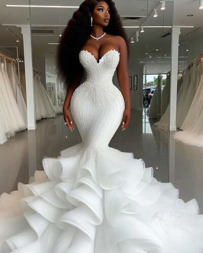 Plus Size African Luxury Wedding Dress, Mermaid Tulle Wedding Dress Bridal Gown