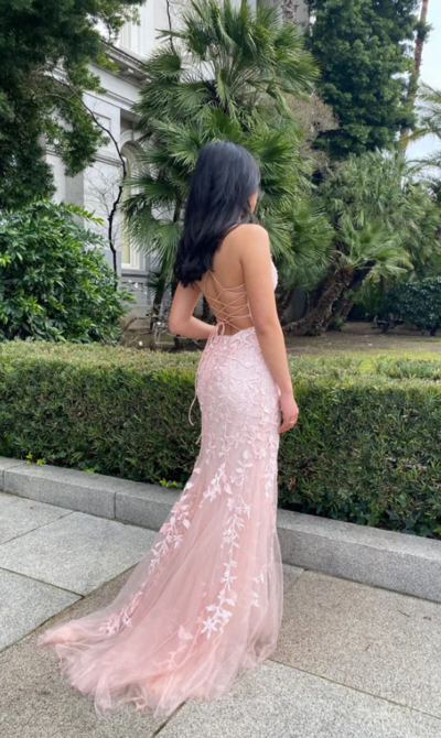 Mermaid Pink Lace Tulle Prom Dress With Lace-up Back