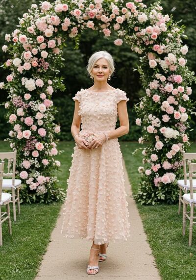 Pink A Line Chiffon 3D Handmade Flowers Tea-length Mother of Bride/Groom Dress Evening Formal Gown