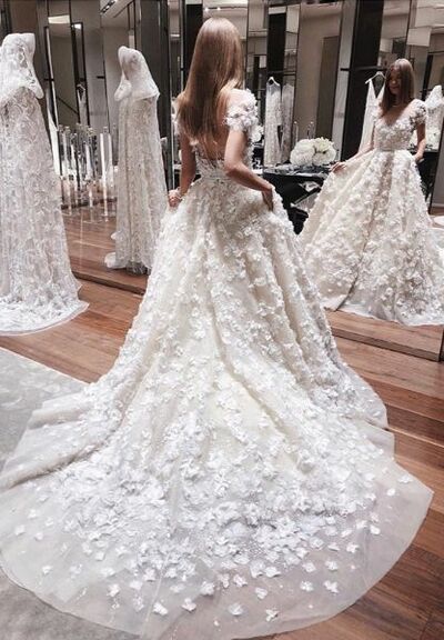 Luxury Floral Wedding Dress, Lace Flowers Tulle Wedding Dress Bridal Gown