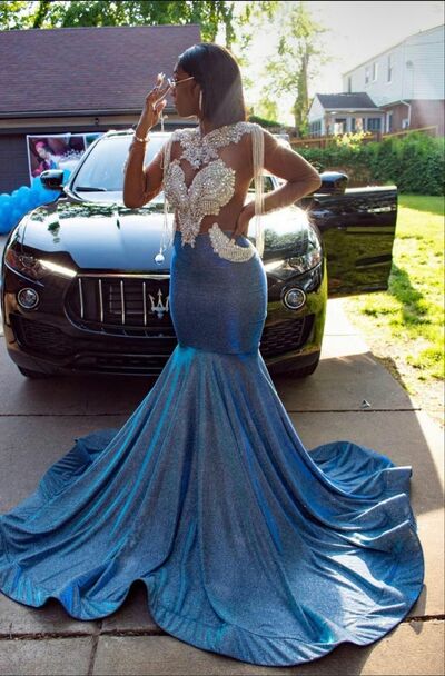Blue Sheath Prom Dresses for African Women Beading Crystas Birthday Party Dress Evening Formal Dress