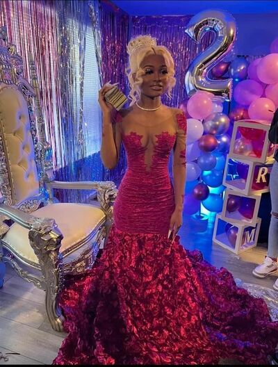 Red Mermaid Prom Dresses for African Women Long Sleeve Lace Birthday Party Dress Evening Formal Dress