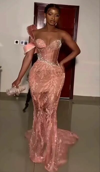 Pink Mermaid Prom Dresses for African Women Sequins Beading Crystals Birthday Party Dress Evening Formal Dress