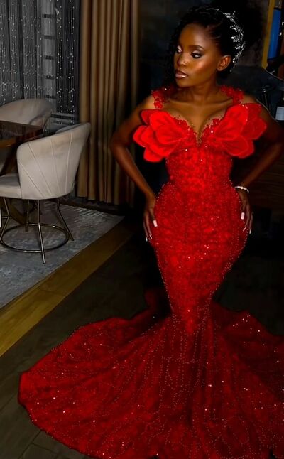 Red Mermaid Prom Dresses for African Women Sequins Beading Crystals Birthday Party Dress Evening Formal Dress