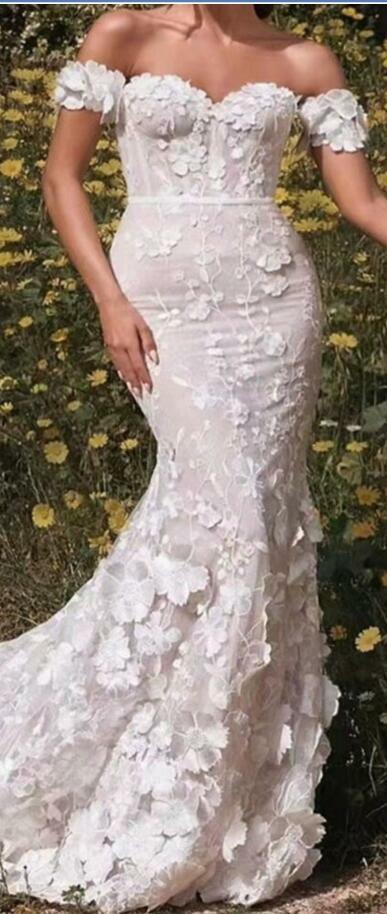 Sexy Mermaid Wedding Dress, Appliques Floral Wedding Dress Bridal Gown