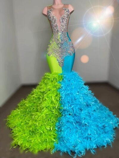 Green and Blue Mermaid Prom Dresses for African Women Beading Crystals Feathers Birthday Party Dress Evening Formal Dress