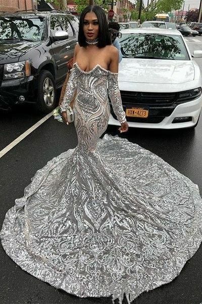 Silver Mermaid Prom Dresses for African Women Sequins Lace Birthday Party Dress Evening Formal Dress