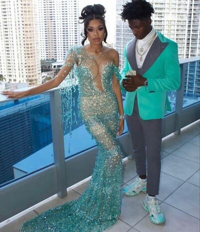 Light Green Mermaid Prom Dresses for African Women Beading Crystals Birthday Party Dress Evening Formal Dress