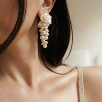 Baroque Pearl Drop Earrings, Shell Rose Design, Cascading Fresh Water Pearls - Thumbnail 2