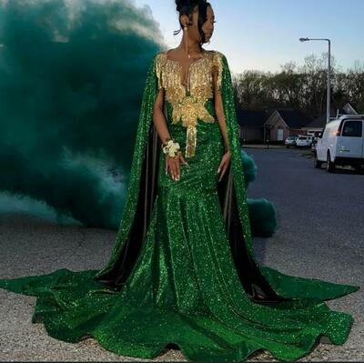 Green Mermaid Prom Dresses for African Women Gold Appliques Sequins Birthday Party Dress Evening Formal Dress
