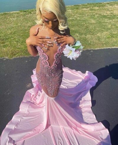 Pink Mermaid Prom Dresses for African Women Beading Crystals Birthday Party Dress Evening Formal Dress