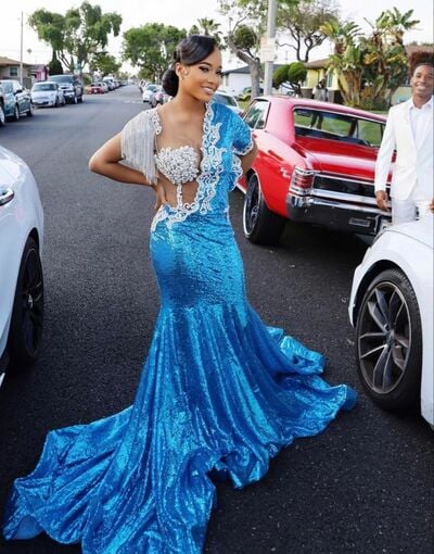 Sky Blue Mermaid Prom Dresses for African Women Sequins Appliques Birthday Party Dress Evening Formal Dress